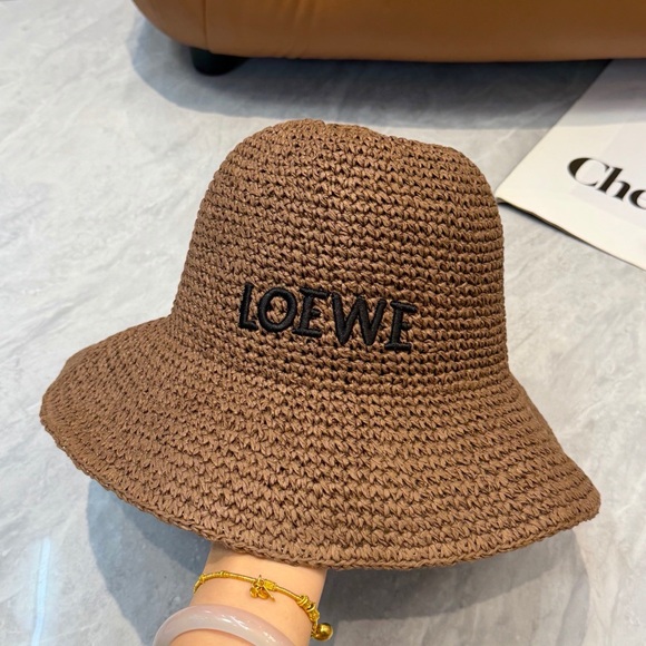 Meet the Posher Accessories - LOEWE Brown Raffia Bucket Hat Leather Anagram Logo Straw Ibiza Summer Coffee Tan